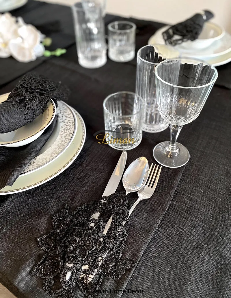 Menekse Tafelkleed Set Met Placemat Zwart 34 Dlg