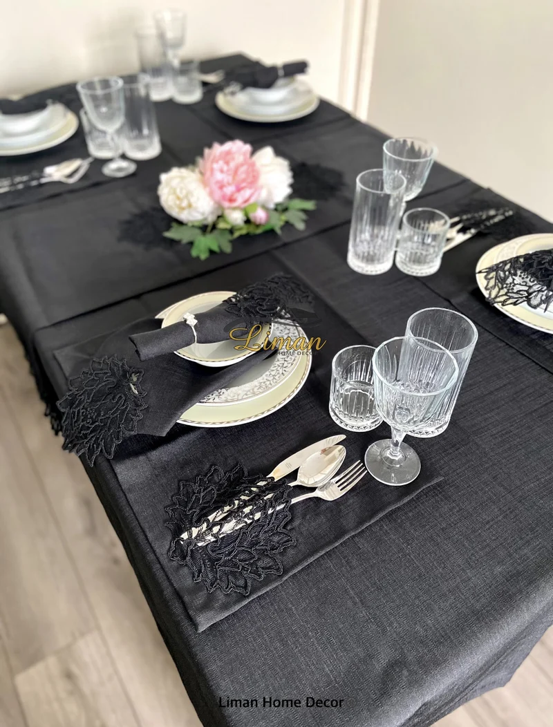 Cinar Tafelkleed Set Met Placemat Zwart 34 Delig