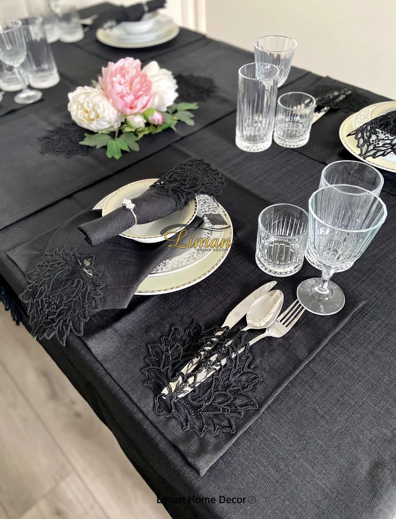 Cinar Tafelkleed Set Met Placemat Zwart 34 Delig