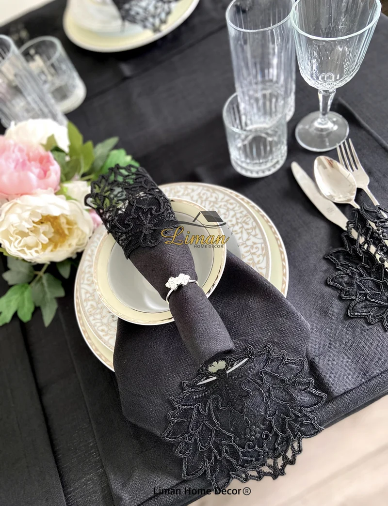 Cinar Tafelkleed Set Met Placemat Zwart 34 Delig