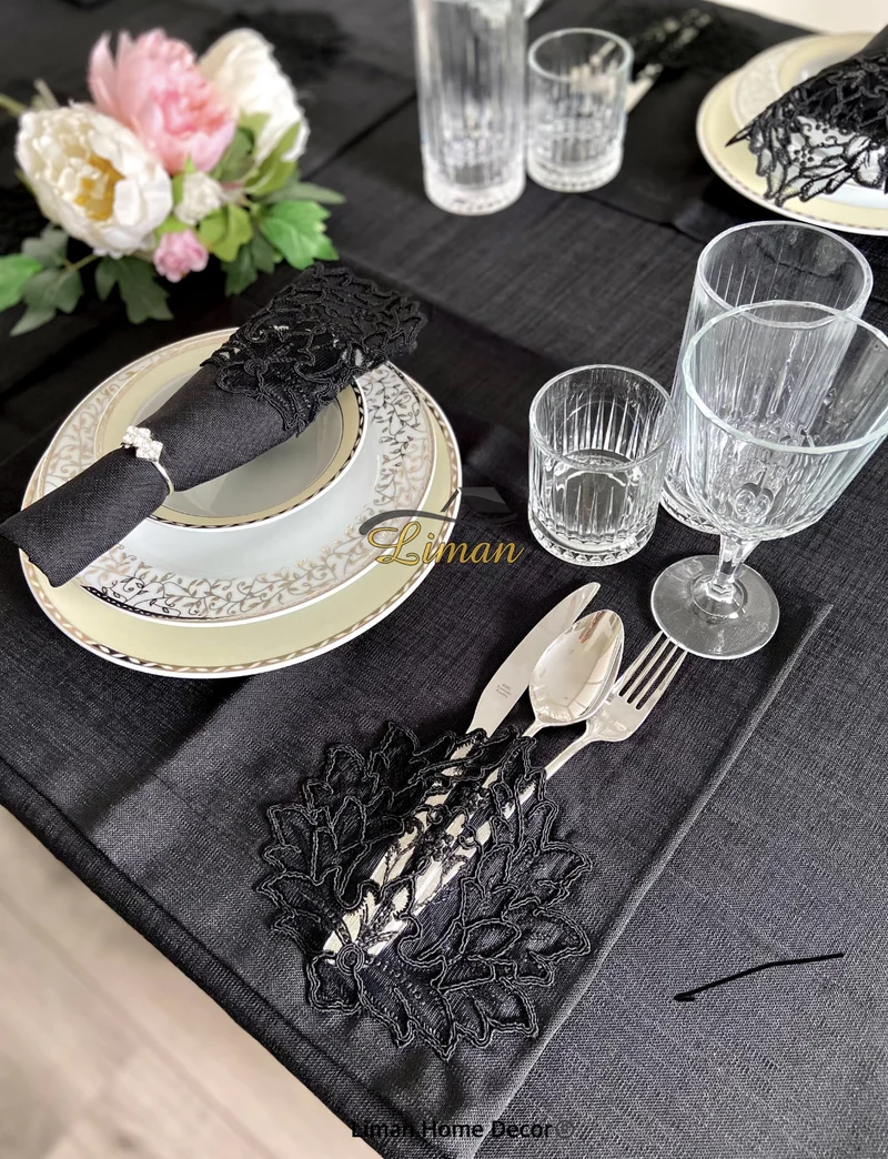 Cinar Tafelkleed Set Met Placemat Zwart 34 Delig