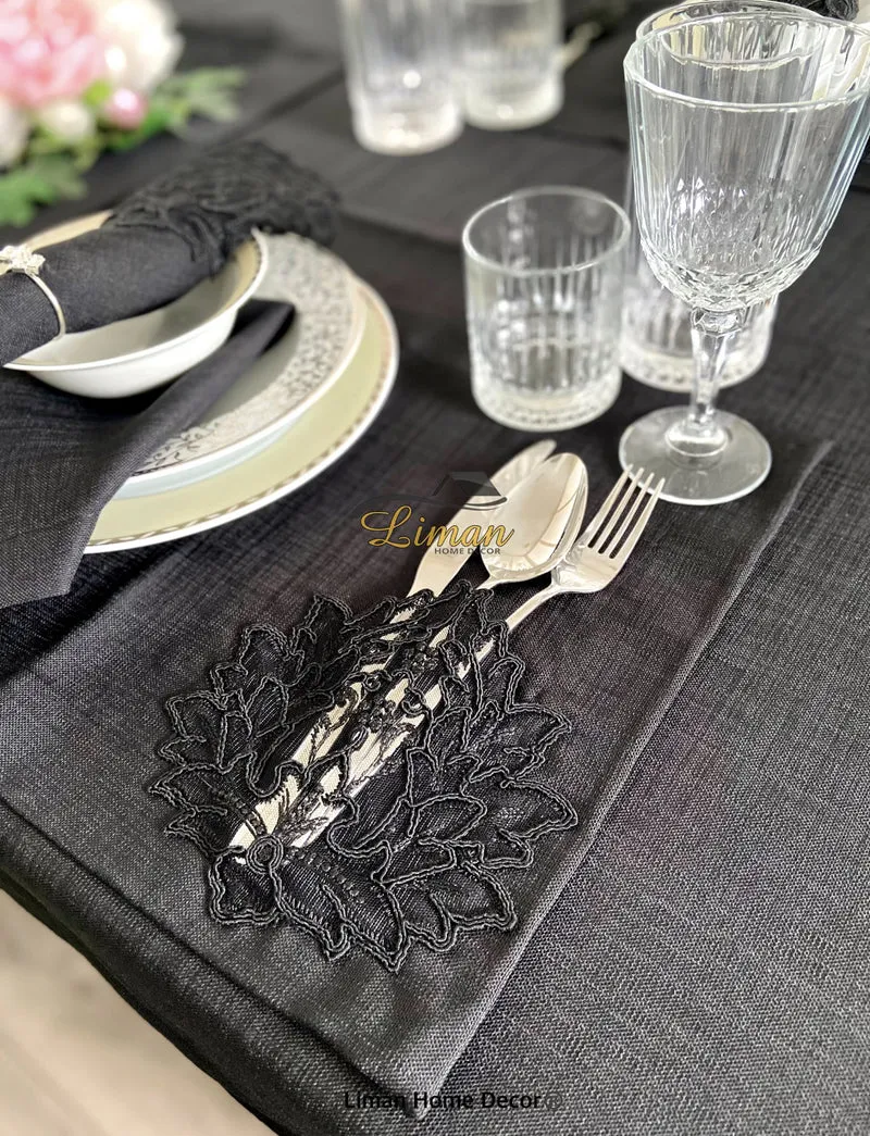 Cinar Tafelkleed Set Met Placemat Zwart 34 Delig