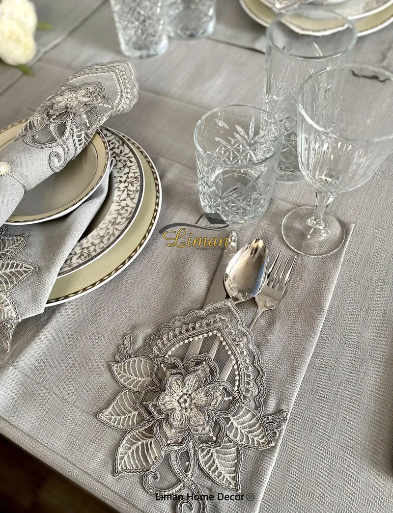 Menekse Tafelkleed Set Met Placemat Grijs 34 Dlg