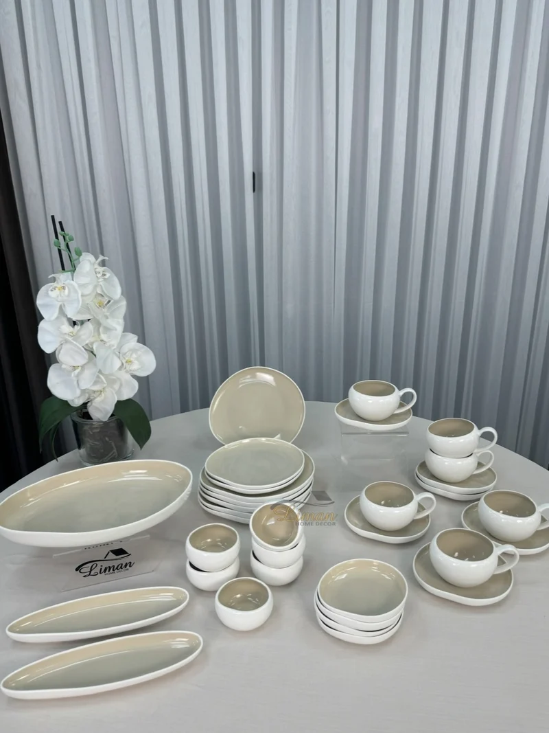 Liman New Cupido Beige Ontbijtset 33 delig | 6 Persoons (Barles) | Japandi Organisch Vorm