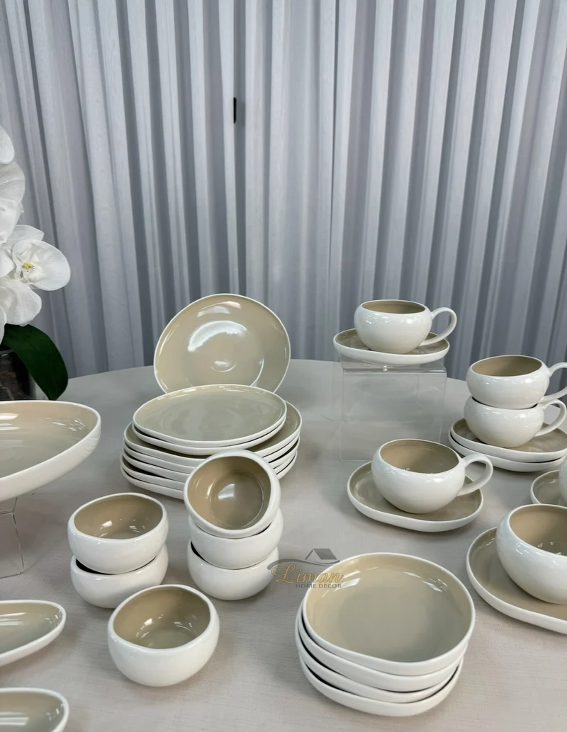 Liman New Cupido Beige Ontbijtset 33 delig | 6 Persoons (Barles) | Japandi Organisch Vorm