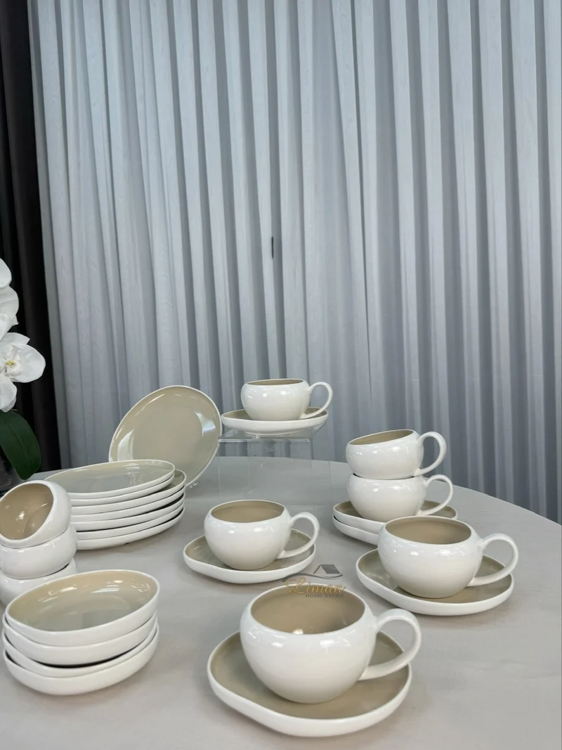 Liman New Cupido Beige Ontbijtset 33 delig | 6 Persoons (Barles) | Japandi Organisch Vorm