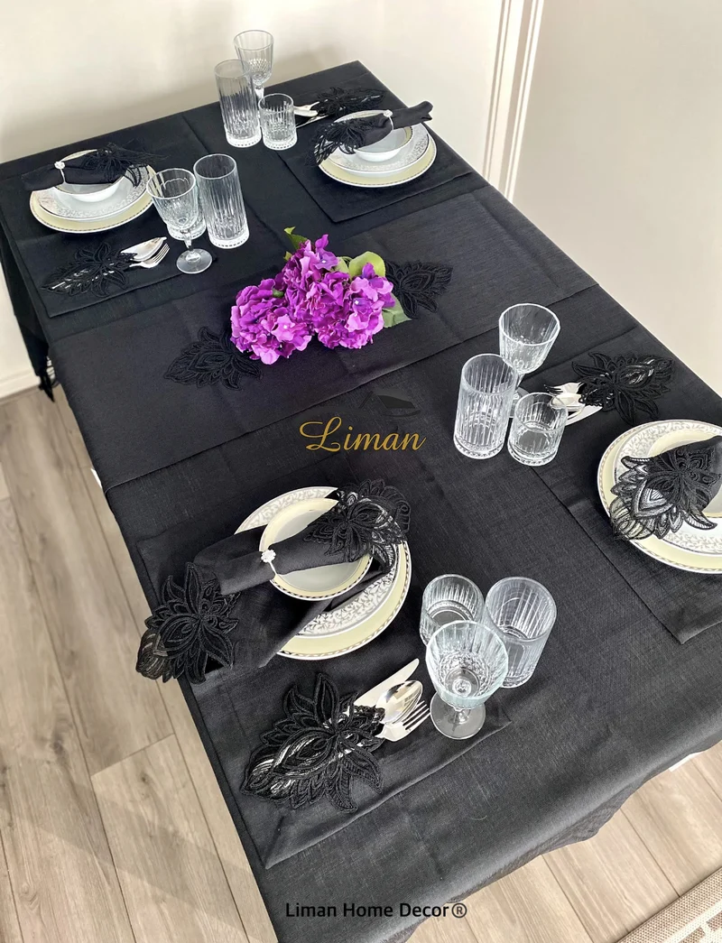 Lotus Tafelkleed Set Met Placemat Zwart 34 Dlg
