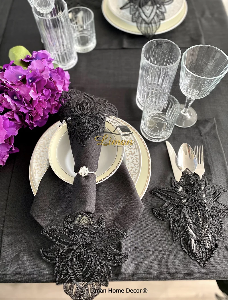 Lotus Tafelkleed Set Met Placemat Zwart 34 Dlg