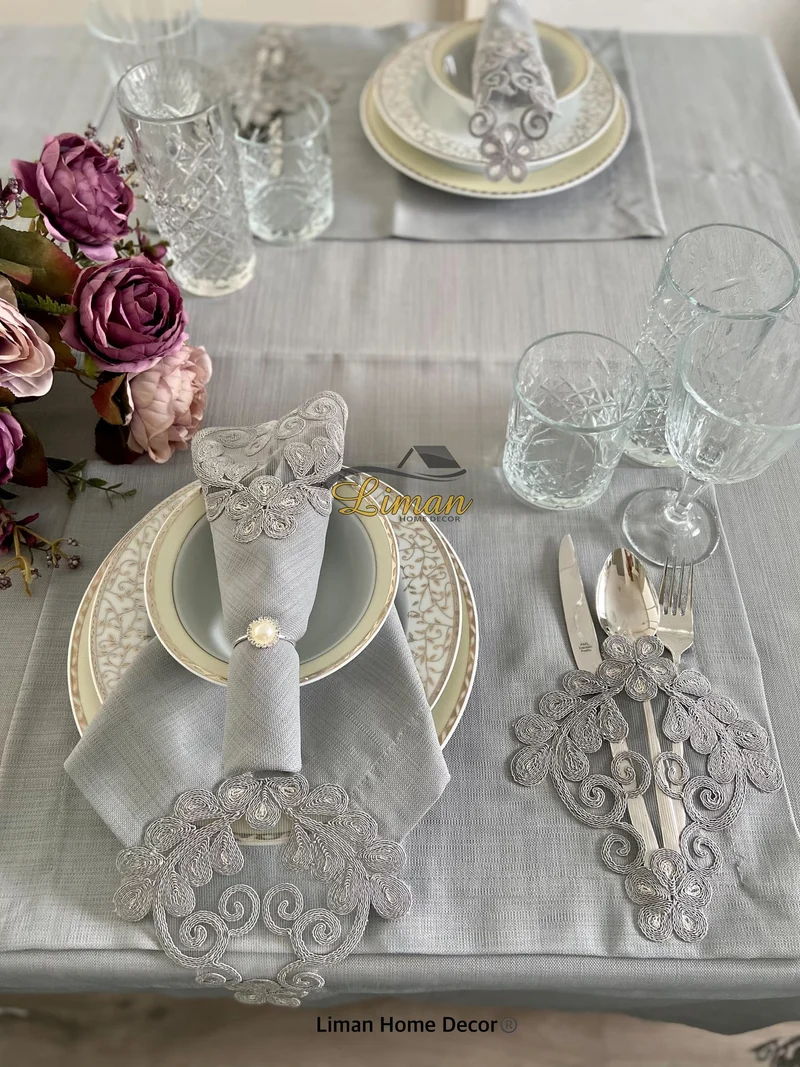 Sehzade Tafelkleed Set Met Placemat Grijs 34 Dlg