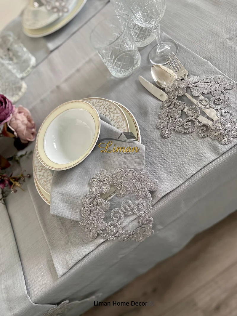 Sehzade Tafelkleed Set Met Placemat Grijs 34 Dlg