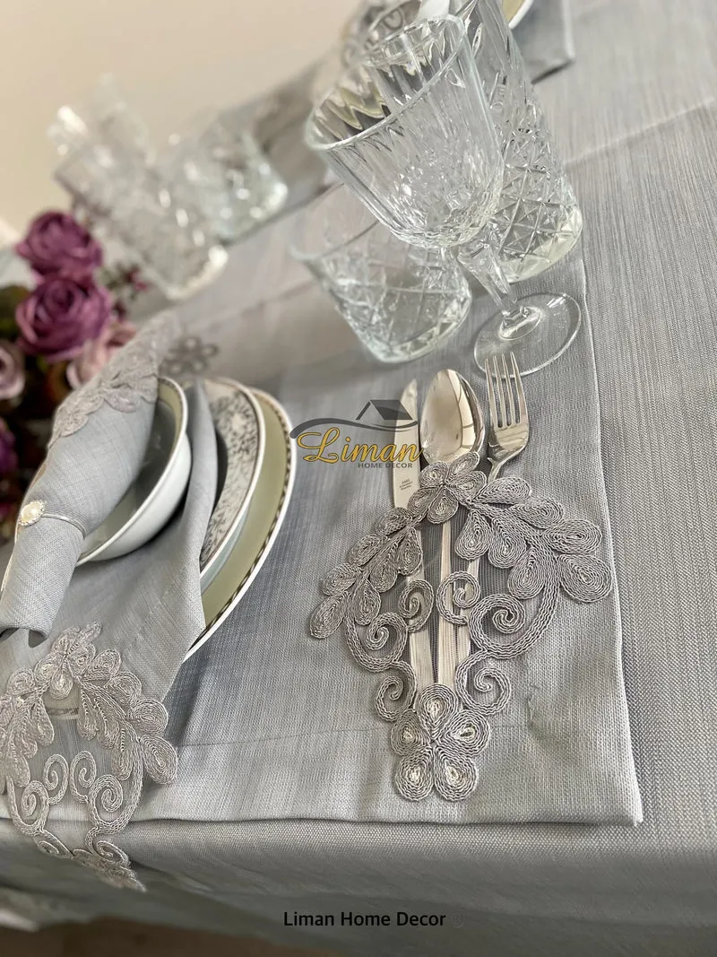 Sehzade Tafelkleed Set Met Placemat Grijs 34 Dlg