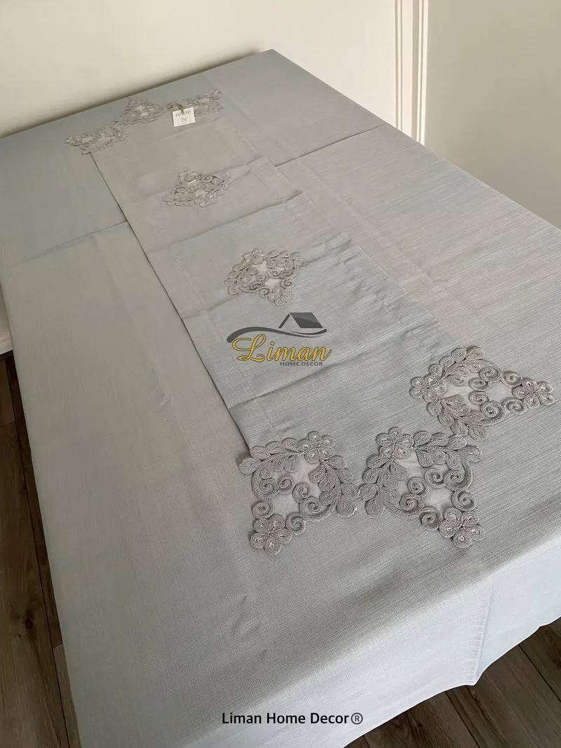 Sehzade Tafelkleed Set Met Placemat Grijs 34 Dlg
