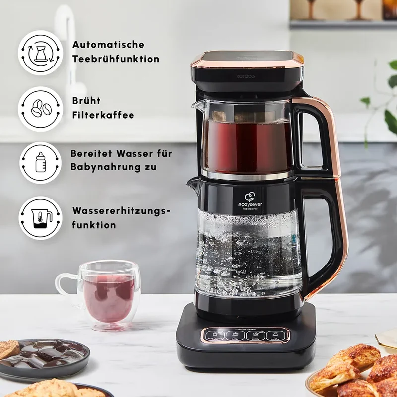 Karaca Çaysever Robotea Pro 4 in 1 automatische glas thee Machine Zwart Koper