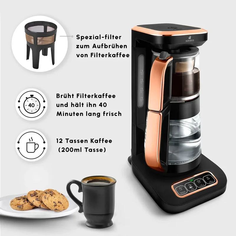 Karaca Çaysever Robotea Pro 4 in 1 automatische glas thee Machine Zwart Koper