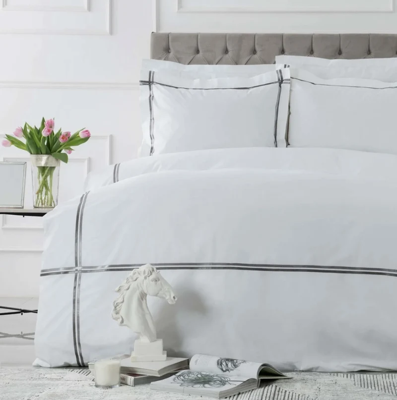 Karaca Home White Collection Valse Grijs Satin Stripe Dekbedovertrek 2 persoons