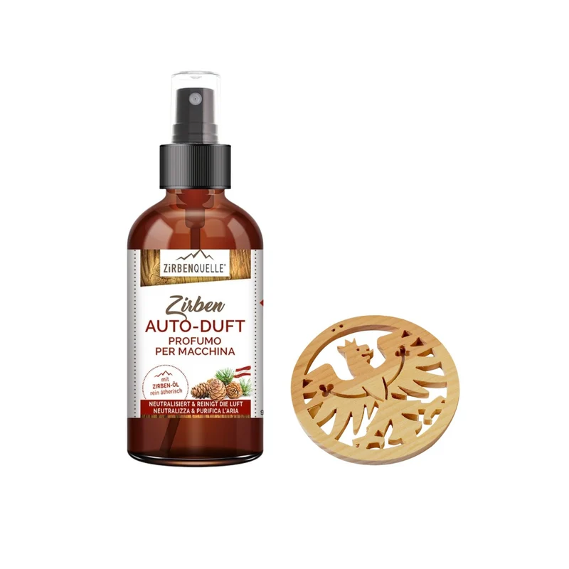 UaB Geschenk | Set ZQ Zirben Autospray + Anhänger 'Adler' | 30 ml | Flasche mit Defuser | Made in Austria