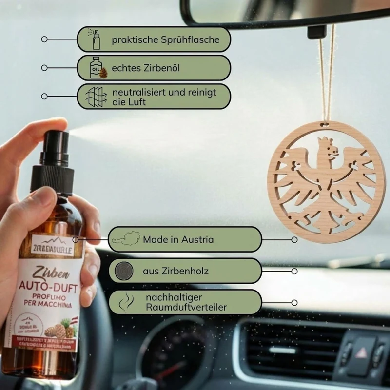 UaB Geschenk | Set ZQ Zirben Autospray + Anhänger 'Adler' | 30 ml | Flasche mit Defuser | Made in Austria