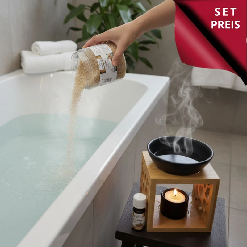 Alpines Home-Spa-Set 'Zirbenwellness & Lichterzauber' | Duftlampe 'Bambuswald' | Zirben-Öl 10 ml | Zirben Badesalz 500 g