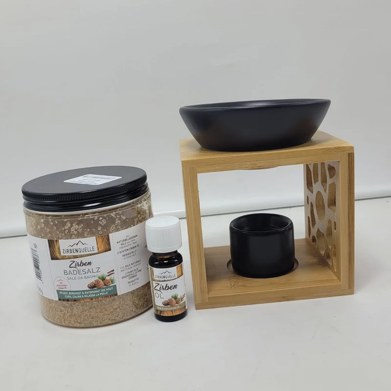 Alpines Home-Spa-Set 'Zirbenwellness & Lichterzauber' | Duftlampe 'Bambuswald' | Zirben-Öl 10 ml | Zirben Badesalz 500 g