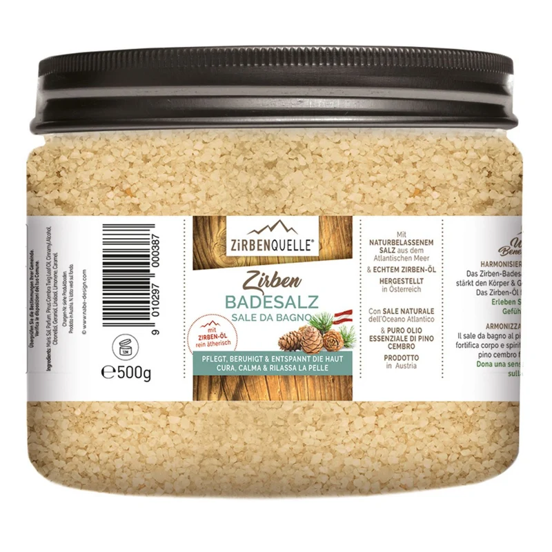 Zirben Badesalz | 500 g | Schraubdose | Zirbenöl und naturbelassenes Meersalz | Made in Austria