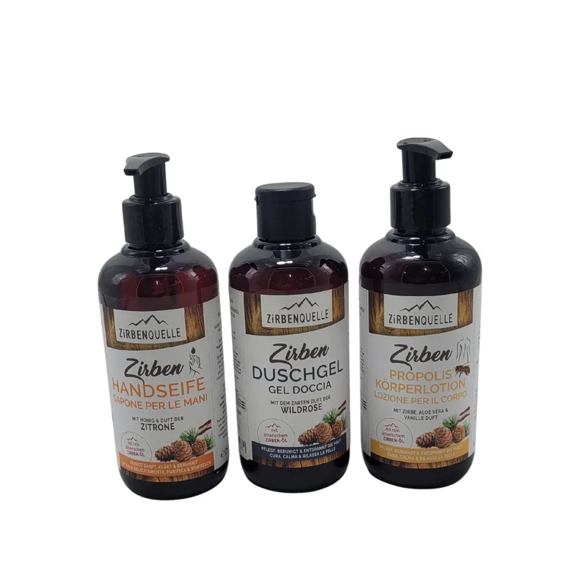 Rundum-Pflege- Set 'Alpenglück & Zirbenzauber' | Duschgel + Handseife + Propolis Körperlotion | je 250 ml
