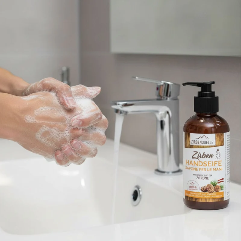 Zirben Handseife | 250 ml | Pumpflasche | mit Honig und Duft der Zitrone | Made in Austria