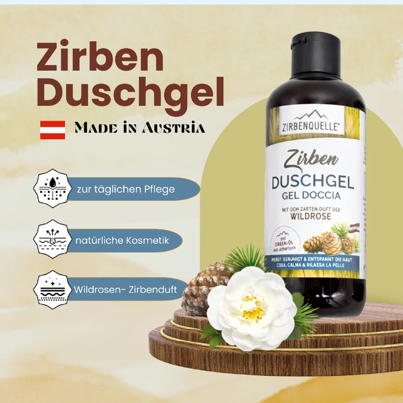 Zirben-Duschgel | 250ml | Zirben-Öl und Wildrose | PET-Flasche | Made in Austria