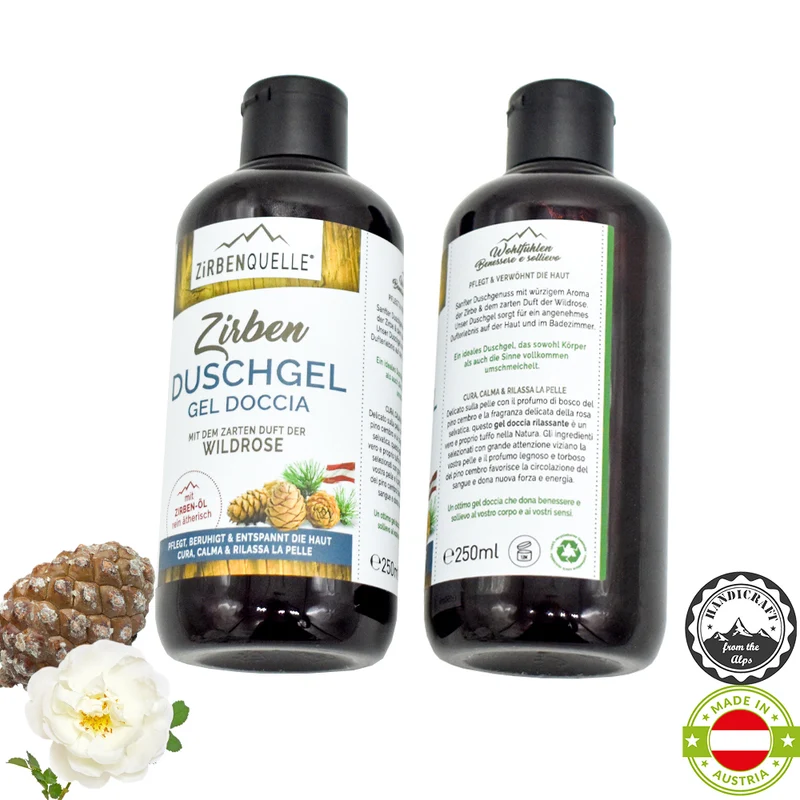 Zirben-Duschgel | 250ml | Zirben-Öl und Wildrose | PET-Flasche | Made in Austria