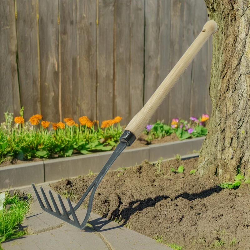 Bio-Handrechen | aus Schwedenstahl | 5 Zinken | 48 cm ergonomischer Eschen-Knopf-Stiel | handgeschmiedet in Deutschland
