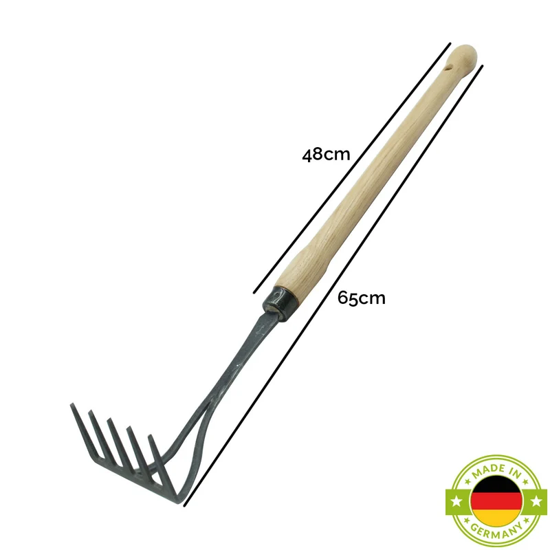 Bio-Handrechen | aus Schwedenstahl | 5 Zinken | 48 cm ergonomischer Eschen-Knopf-Stiel | handgeschmiedet in Deutschland