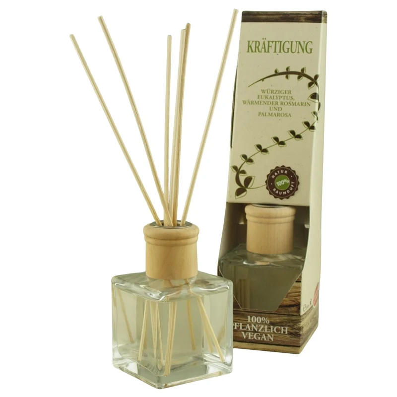 Raumduft 'Natur' | 4eck-Glasdiffuser mit Holzkopf | naturbelassene Holzstäbchen | 100 ml