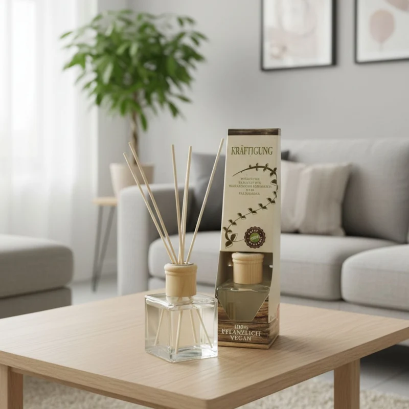 Raumduft 'Natur' | 4eck-Glasdiffuser mit Holzkopf | naturbelassene Holzstäbchen | 100 ml