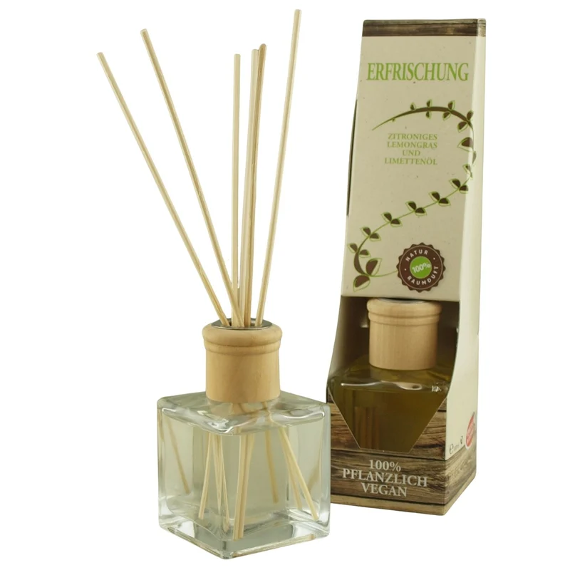 Raumduft 'Natur' | 4eck-Glasdiffuser mit Holzkopf | naturbelassene Holzstäbchen | 100 ml