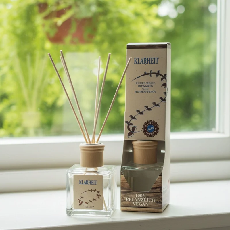Raumduft 'Natur' | 4eck-Glasdiffuser mit Holzkopf | naturbelassene Holzstäbchen | 100 ml