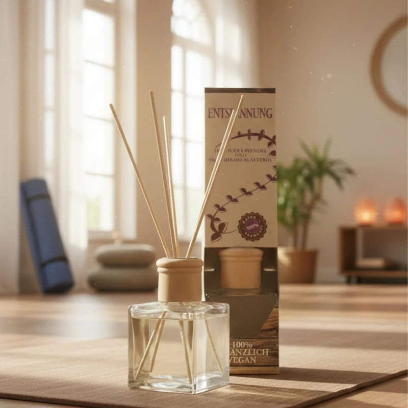 Raumduft 'Natur' | 4eck-Glasdiffuser mit Holzkopf | naturbelassene Holzstäbchen | 100 ml
