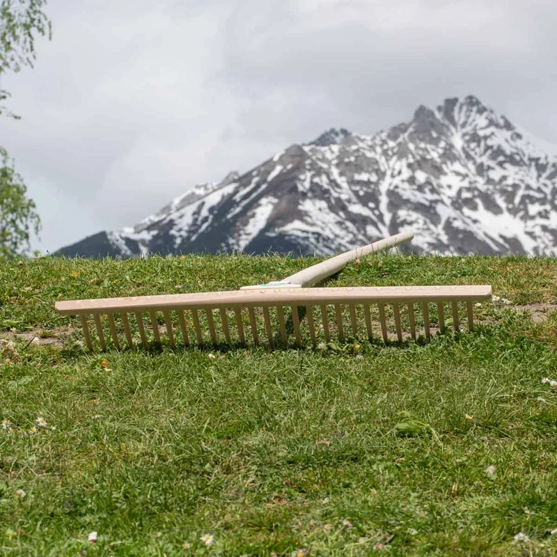 Hochwertiger Rasenrechen | 28 Kunststoffzinken | 67 cm Buchen-Rechenhaupt | 180 cm Lindenholzstiel | Made in Austria
