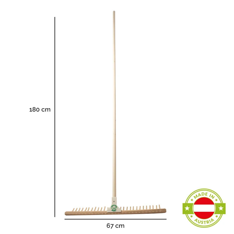 Hochwertiger Rasenrechen | 28 Kunststoffzinken | 67 cm Buchen-Rechenhaupt | 180 cm Lindenholzstiel | Made in Austria