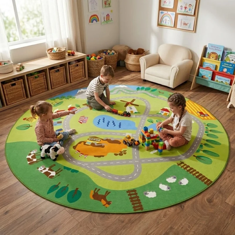 Teppich 'Stadt-Land-Fluss' | Durchmesser 3 m) | für Kinderzimmer und Kita | 100% Polyamid und Filz | Made in Germany
