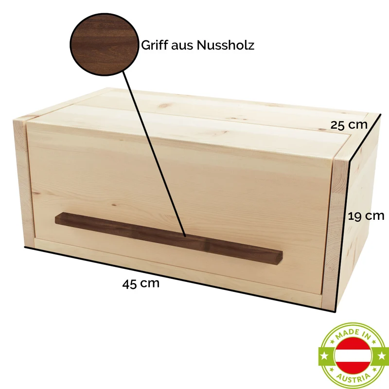 Brotkasten aus Zirbenholz | mit Nussgriff und Klappdeckel | B 45 x T 25 x H 19 cm | inkl. Zirbenholz-Gitter | Handwerk aus Österreich