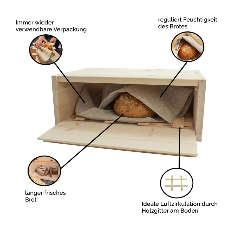 Flexibler Brotkasten aus Zirbenholz | in 3 Größen | wahlweise mit Gitter und Bienenwachstuch oder Bäckerleinen | Handwerk aus Österreich
