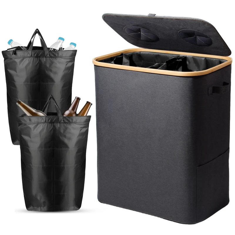 140L Pfandflaschen Sammelbehälter mit Deckel & XXL Tragetaschen, Flaschensammler für Leergut & Altglas, 2 Fächer Organizer mit Lochdesign, Recycling Behälter für Küche & Abstellraum