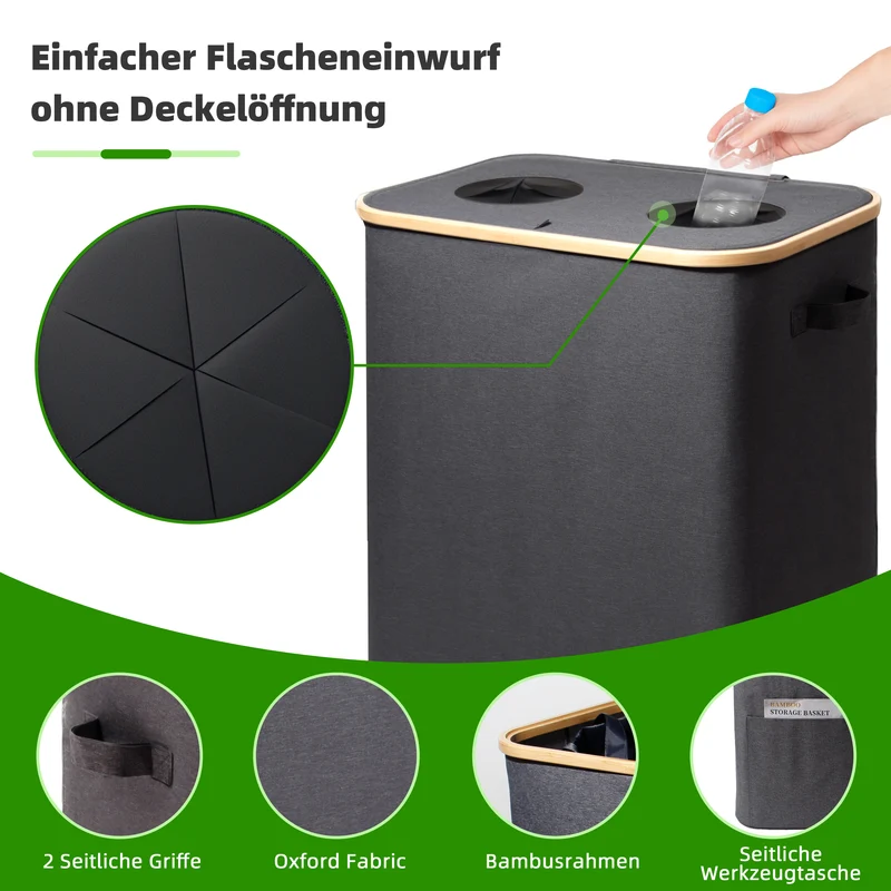 140L Pfandflaschen Sammelbehälter mit Deckel & XXL Tragetaschen, Flaschensammler für Leergut & Altglas, 2 Fächer Organizer mit Lochdesign, Recycling Behälter für Küche & Abstellraum (Dunkelgrau)