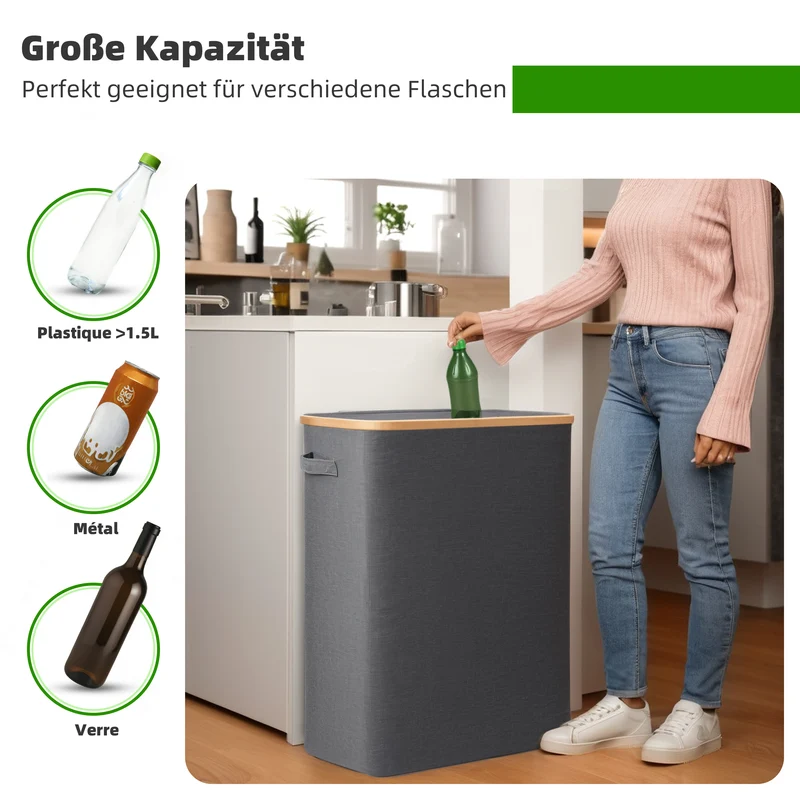140L Pfandflaschen Sammelbehälter mit Deckel & XXL Tragetaschen, Flaschensammler für Leergut & Altglas, 2 Fächer Organizer mit Lochdesign, Recycling Behälter für Küche & Abstellraum (Dunkelgrau)