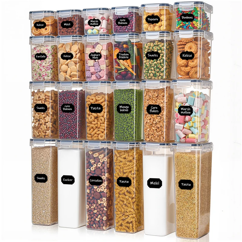 Vorratsdosen Mit Deckel Luftdicht (4 Größen), 24er Set Organizer Box, BPA-frei Aufbewahrungsbox Küche, Frischhaltedosen für Mehl, Müsli, Cornflakes, Vorratsbehälter Mit Etikett