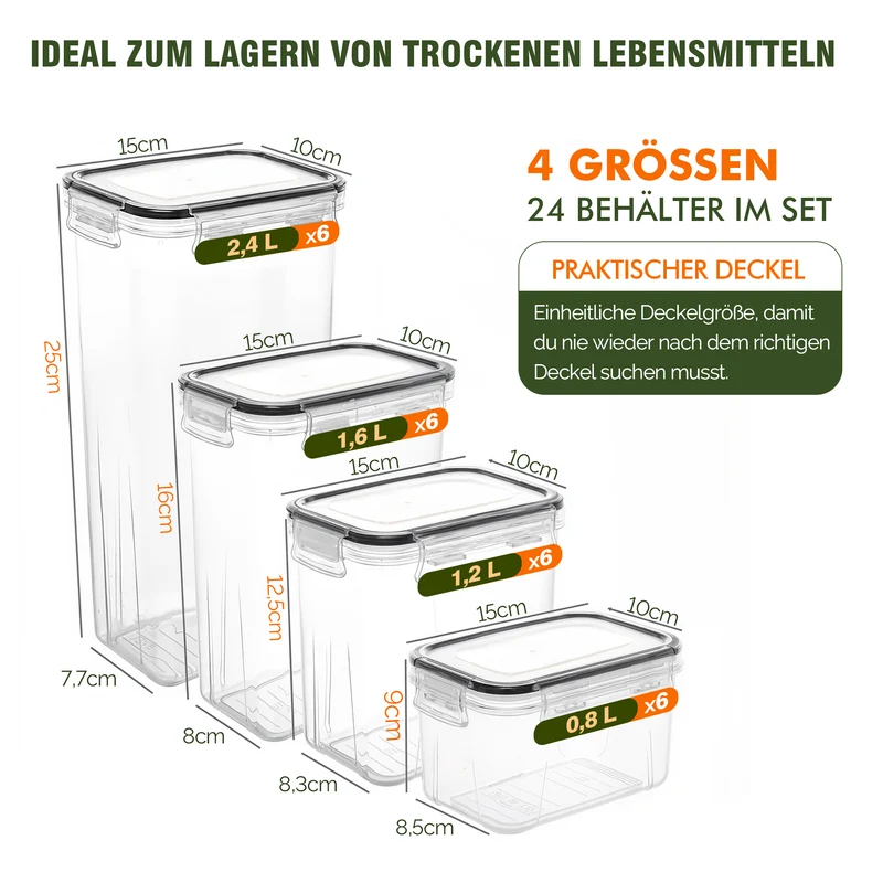 Vorratsdosen Mit Deckel Luftdicht (4 Größen), 24er Set Organizer Box, BPA-frei Aufbewahrungsbox Küche, Frischhaltedosen für Mehl, Müsli, Cornflakes, Vorratsbehälter Mit Etikett