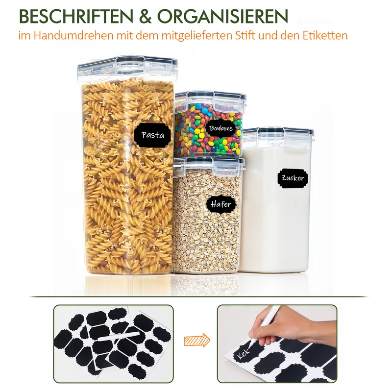 Vorratsdosen Mit Deckel Luftdicht (4 Größen), 24er Set Organizer Box, BPA-frei Aufbewahrungsbox Küche, Frischhaltedosen für Mehl, Müsli, Cornflakes, Vorratsbehälter Mit Etikett