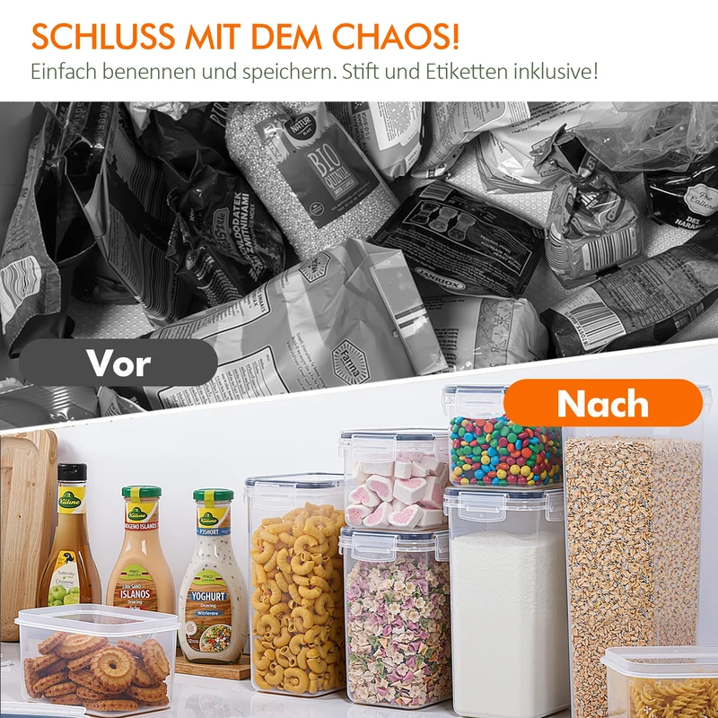 Vorratsdosen Mit Deckel Luftdicht (4 Größen), 24er Set Organizer Box, BPA-frei Aufbewahrungsbox Küche, Frischhaltedosen für Mehl, Müsli, Cornflakes, Vorratsbehälter Mit Etikett