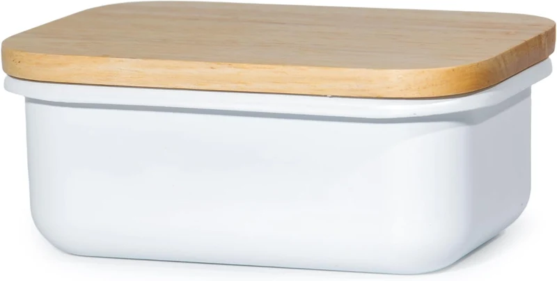 Butterdose mit Holzdeckel, Butterglocke für 250 g Butter, Multi-Funktion Butter Dish, Bambusdeckel (Weiß + Bambus)
