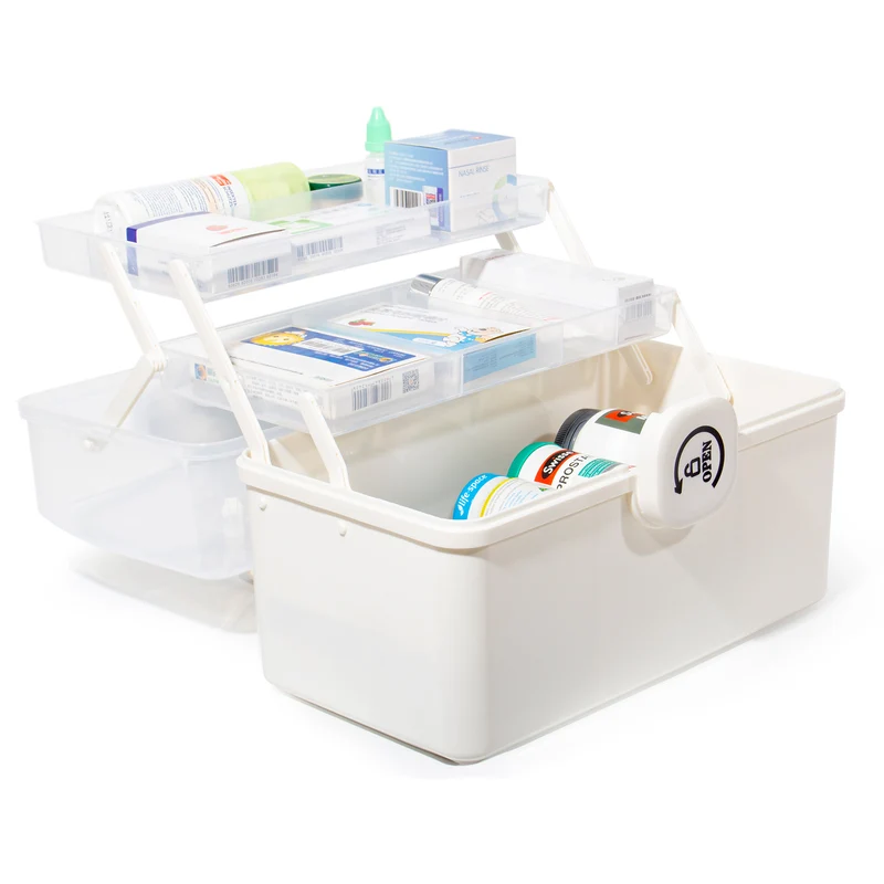 Aufbewahrungsbox Medikamenten Aufbewahrung Medizinbox Apothekenbox HausapothekeBox Groß, Tragbar, Kindersicherung, 3 Treppenabteile(Open Weiß-39cm)