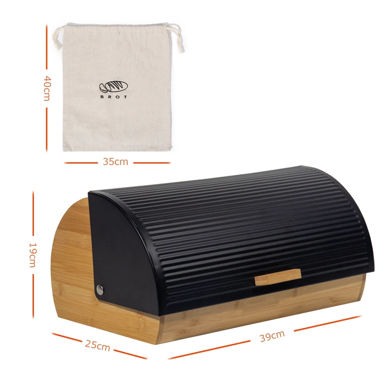 Brotkasten Metall Holz, Brotbox Schwarz, Brot Aufbewahrungsbox groß, Brotkorb mit Deckel, Bread Box Küche, Brotbeutel (Schwarz-39cm)